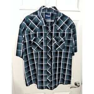 Wrangler Men's Western Shirt 2XL Black Teal Plaid Pearl Snap Short Sleeve